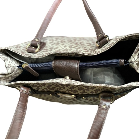 NEW Tommy Hilfiger Large Beige Tote Bag Brown Leather Trim - Picture 7 of 13